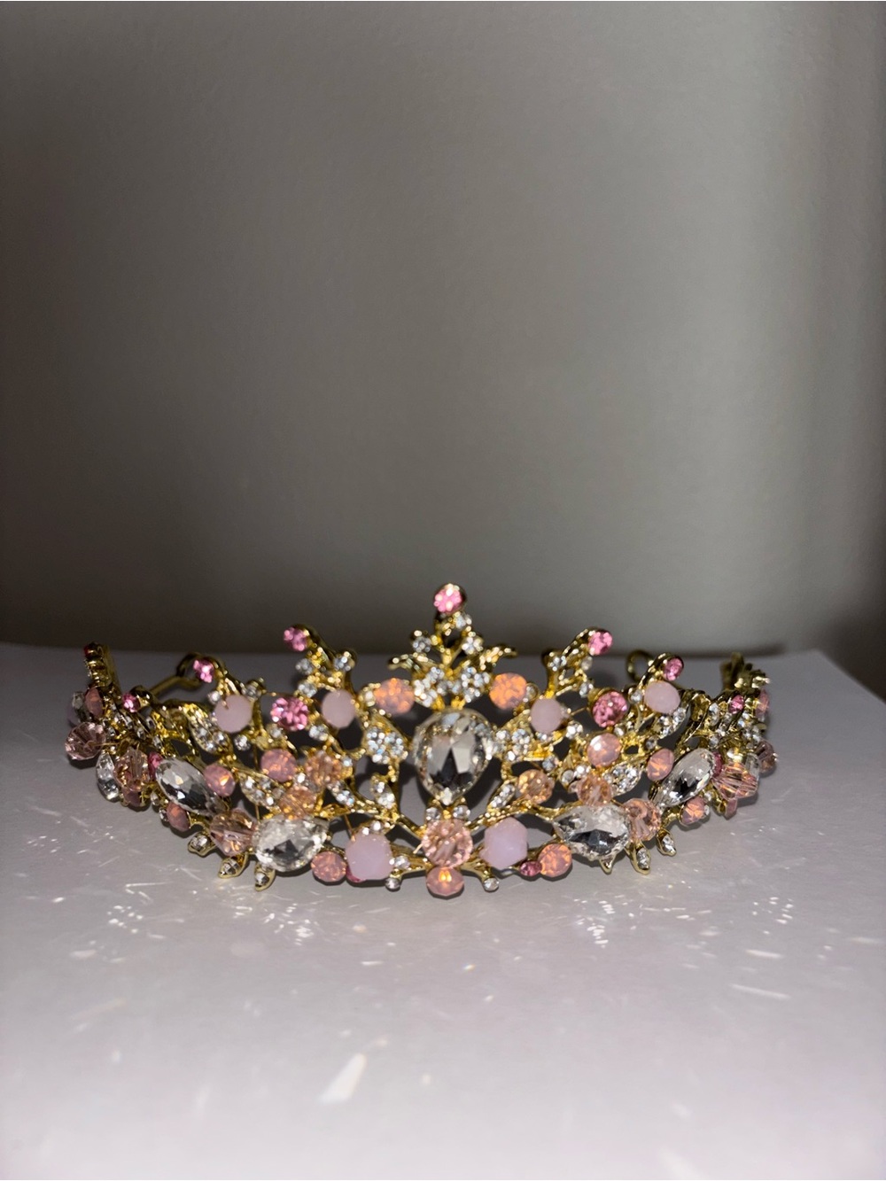 Gold Princess Tiara Crown with Pink and Silver Gems Hair Accessory